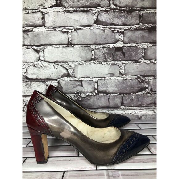 Mona Lisa Gray Blue Red Leather Pointed Toe Dress Heels Women’s Sz 37.5EU/7M US - Picture 3 of 16